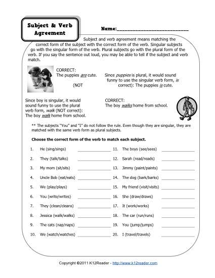 Subject Verb Agreement Worksheets 3rd Grade Image