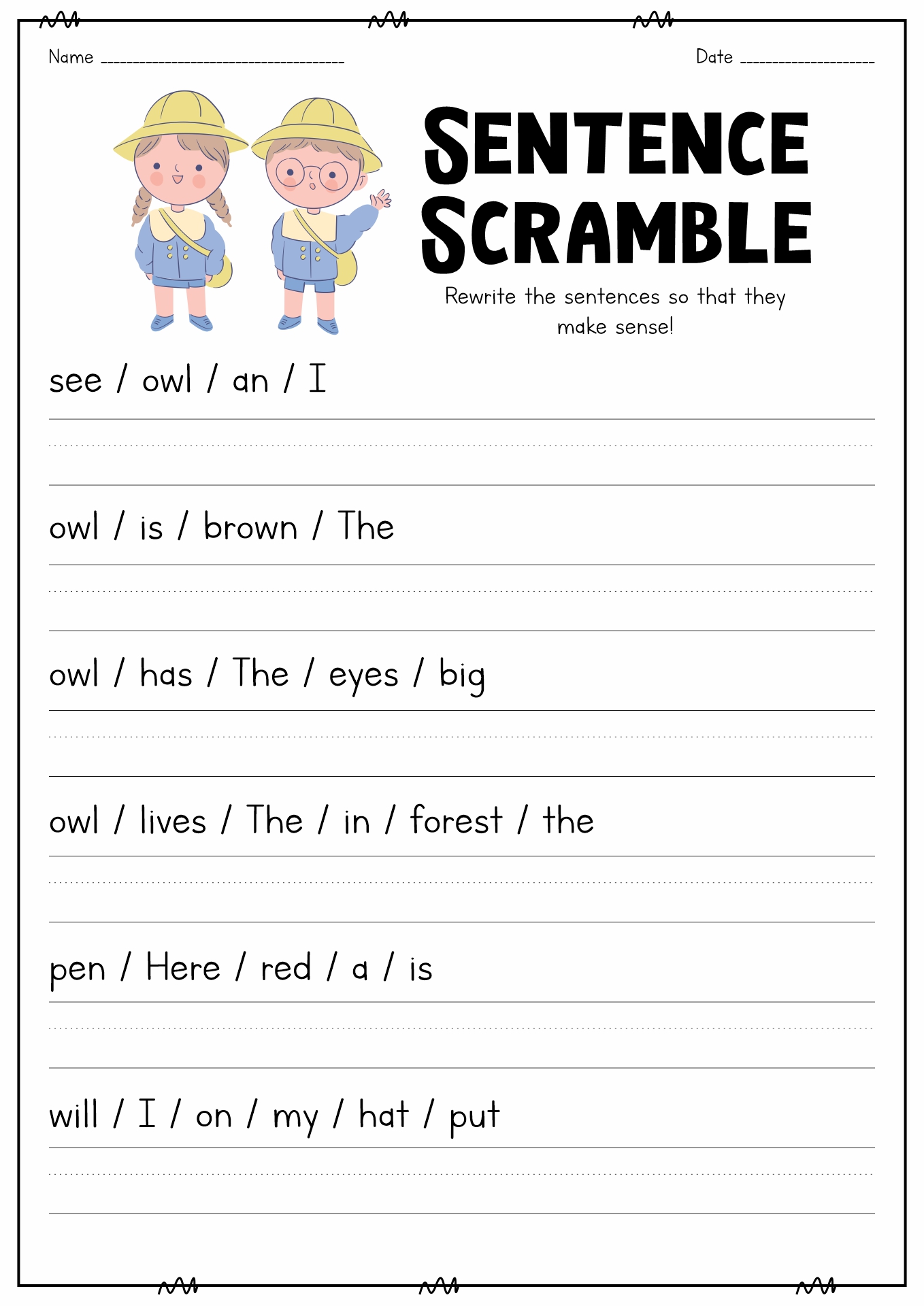 Word Unscramble Sentence Worksheet