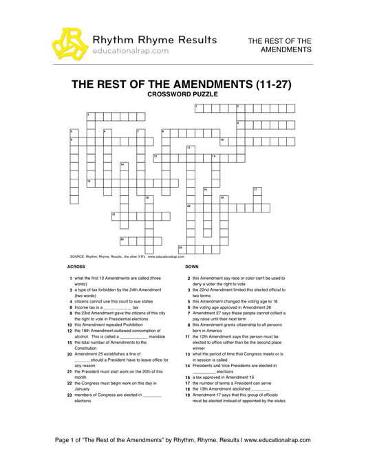27 Amendments Crossword Puzzle Image