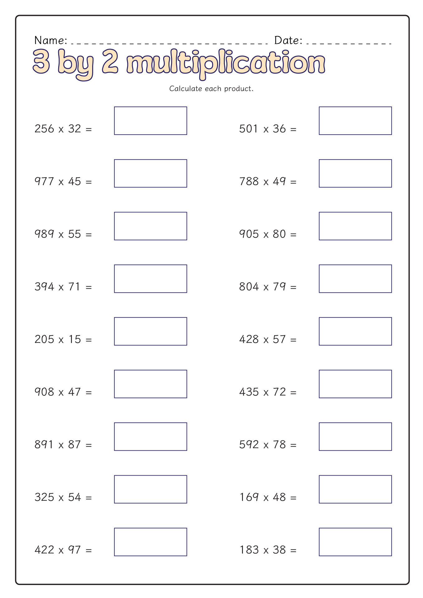3 by 2 Digit Multiplication Worksheets