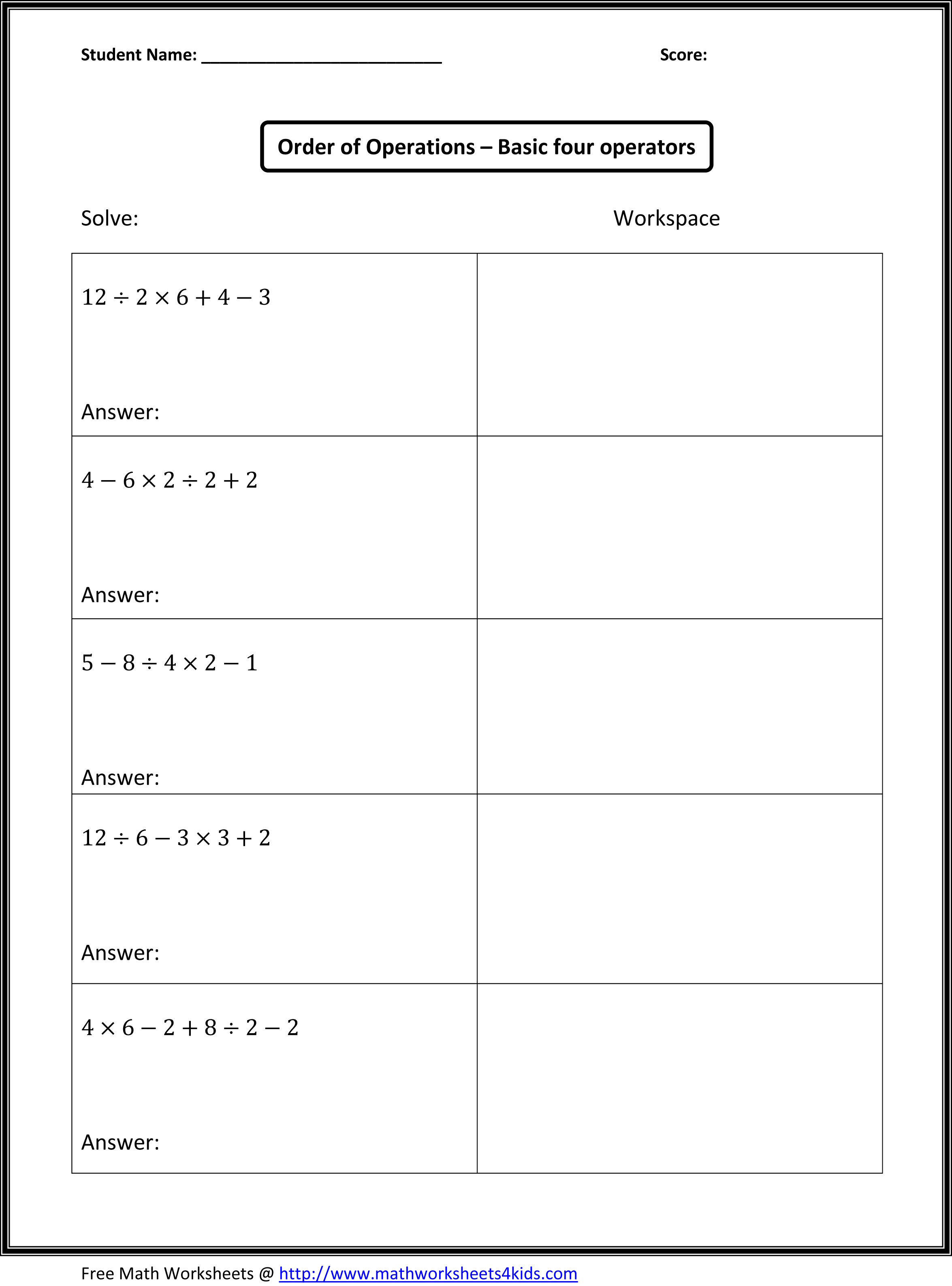 4th Grade Algebra Worksheets