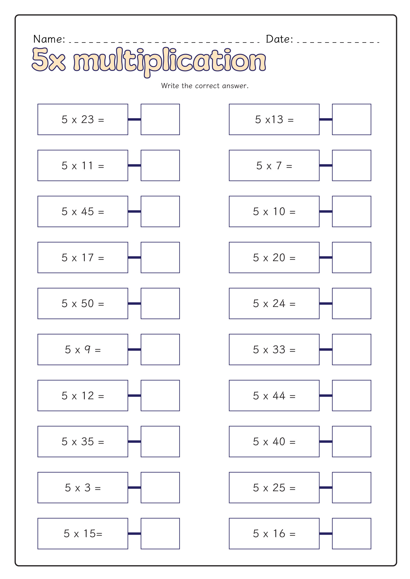 5X Multiplication Times Table Worksheets