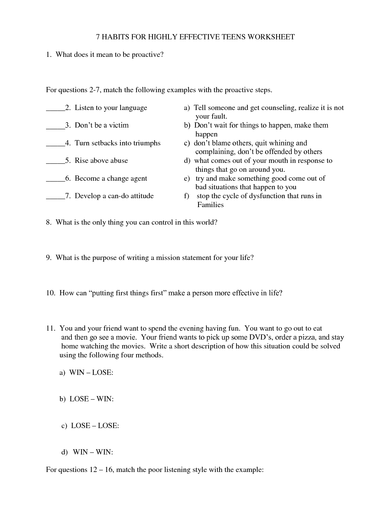 7 Habits of Highly Effective Teens Worksheets Image
