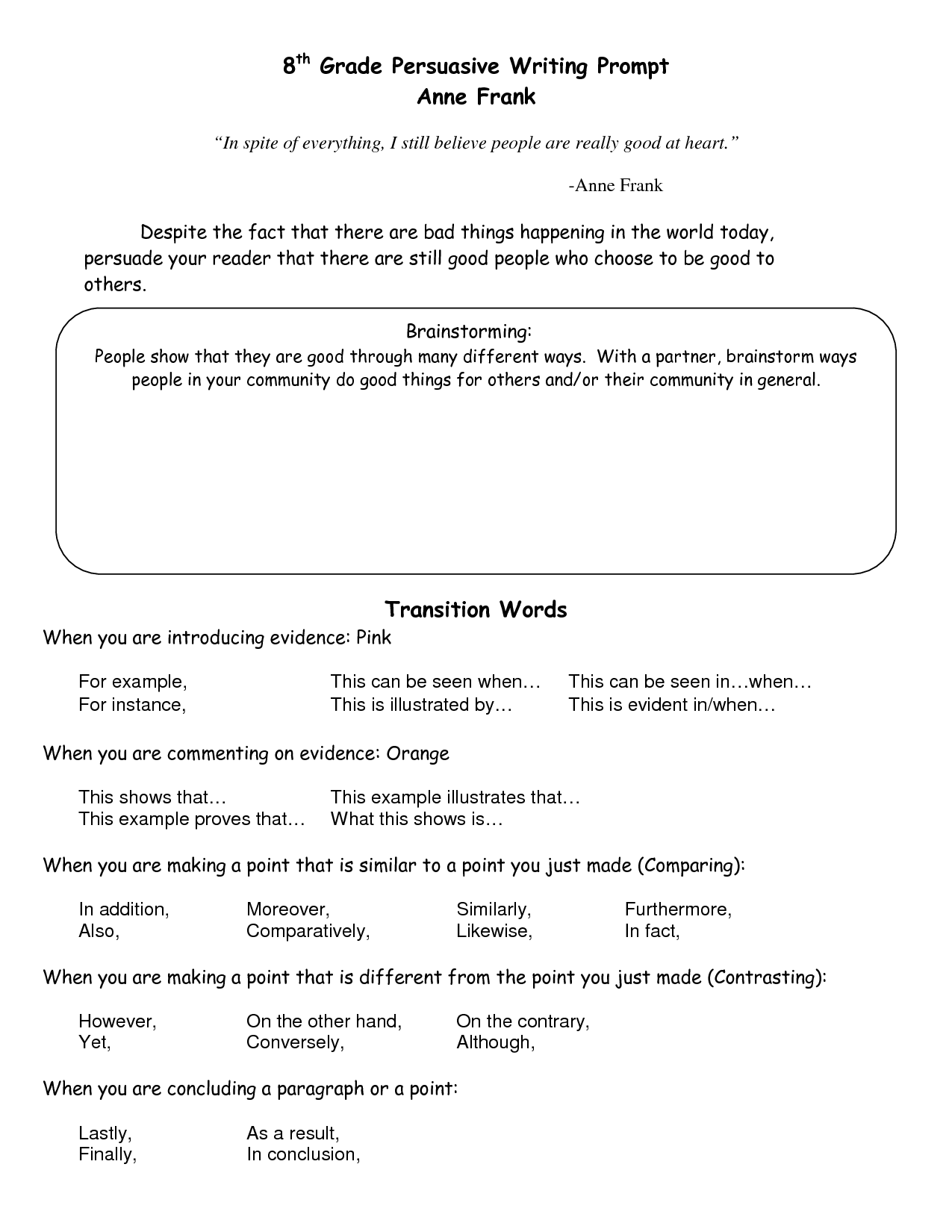Argumentative Essays 8th Grade Transition Words Image