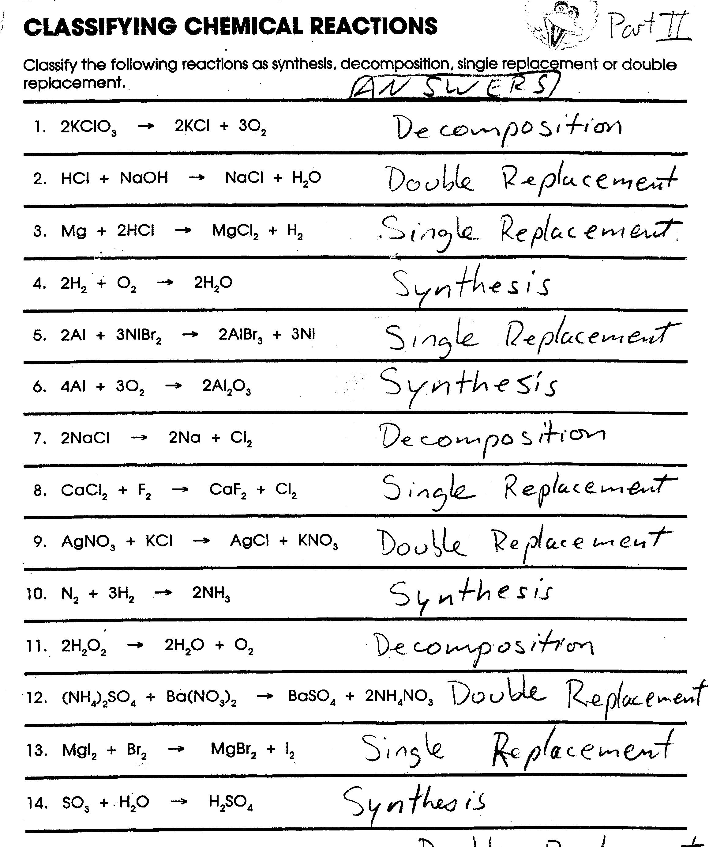 Classifying Chemical Reactions Worksheet Answer Key Section 2