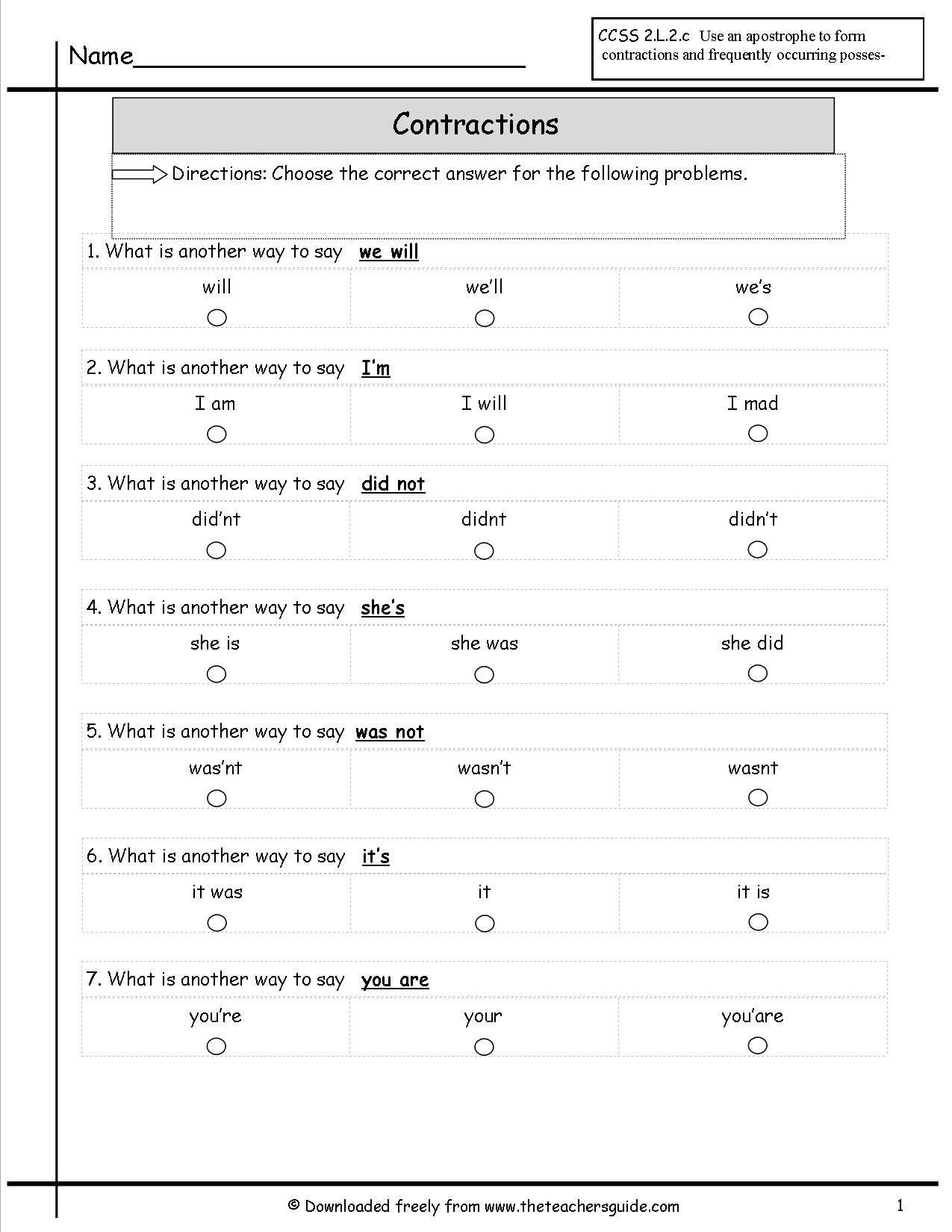 Contractions Worksheet 5 Answer Key