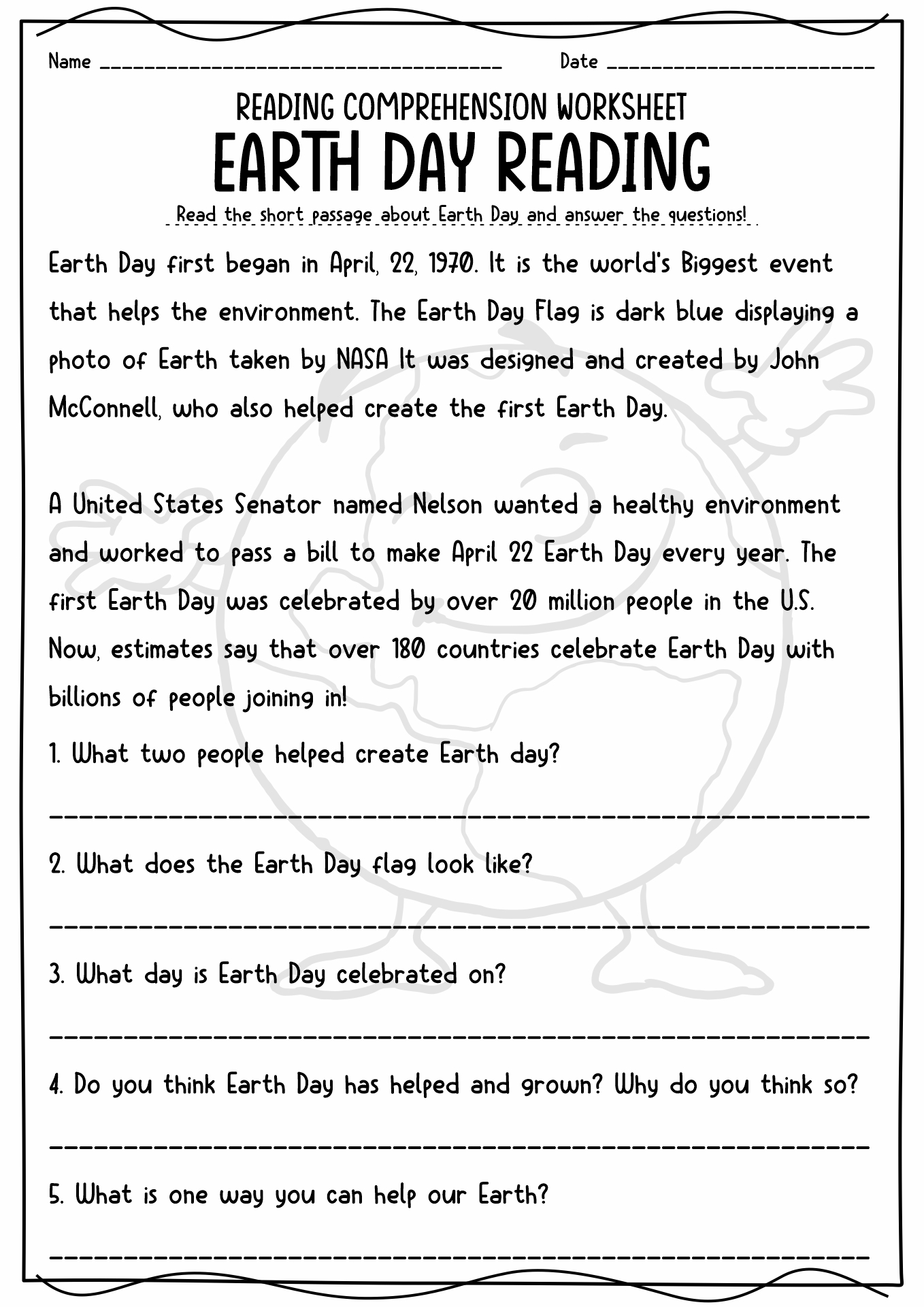Earth Day Reading Comprehension Worksheets Image