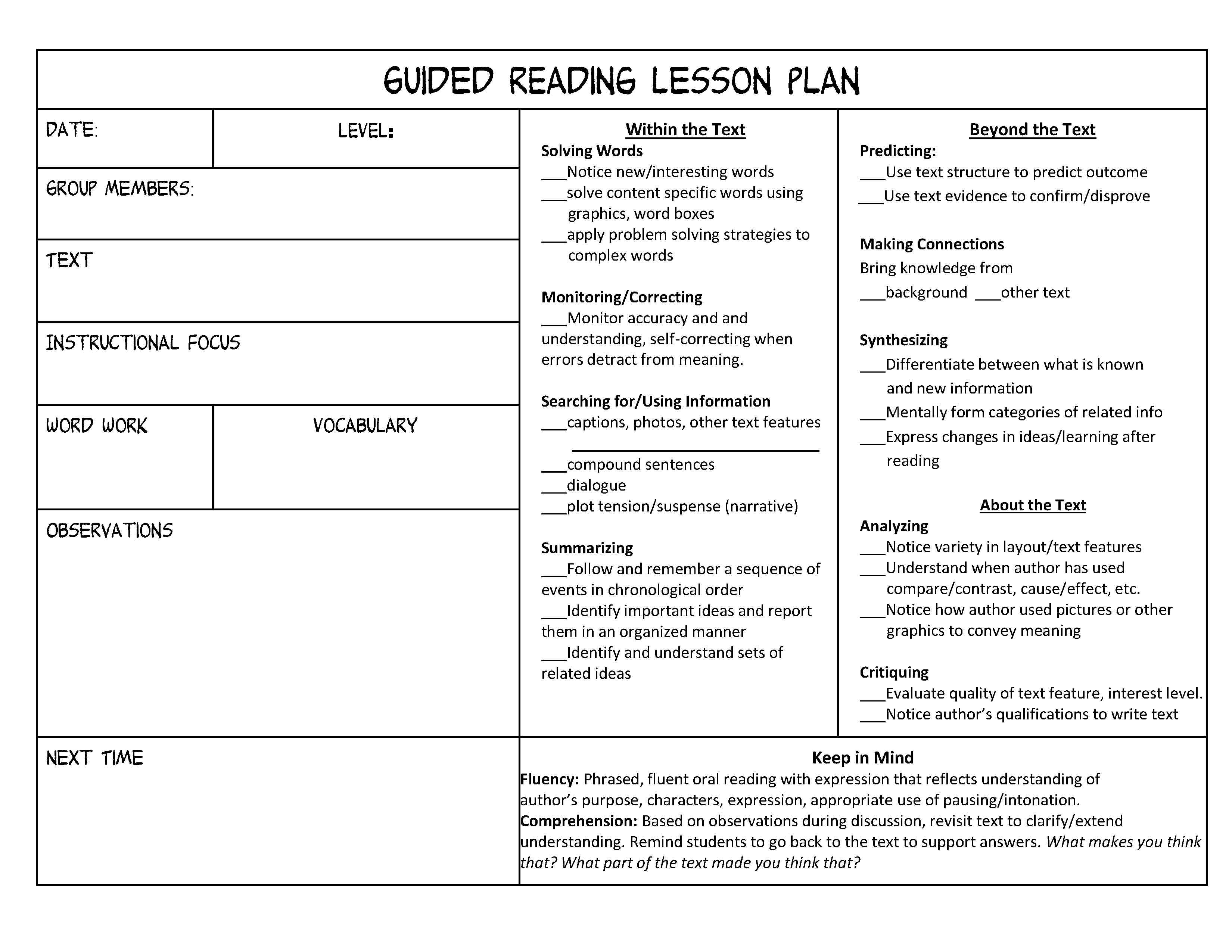 Guided Reading Lesson Plan Templates Image