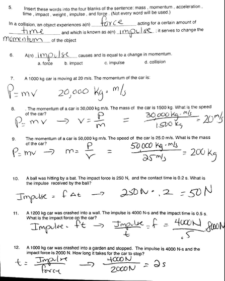 Impulse-Momentum Worksheet with Answer Key
