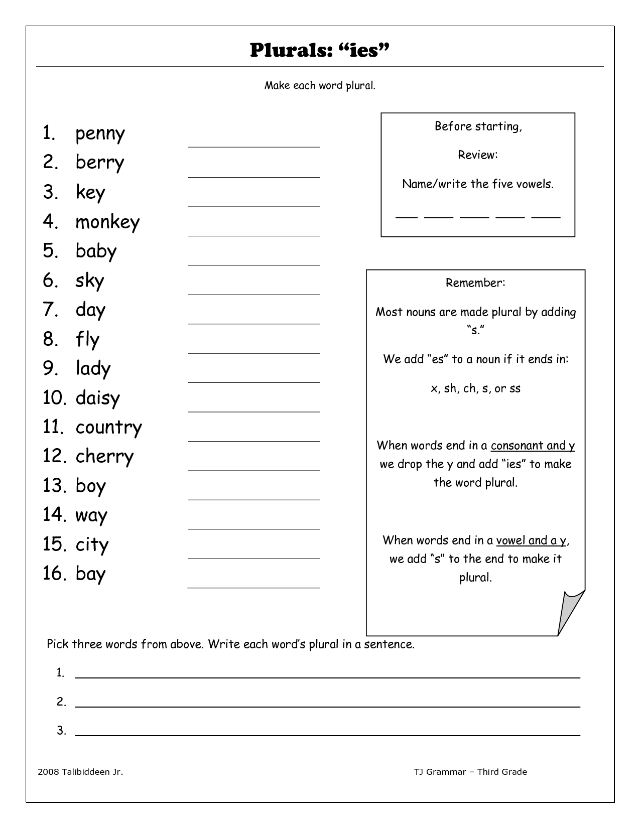 2nd And3rd Grade Worksheets On Irregular Nouns And Pronouns