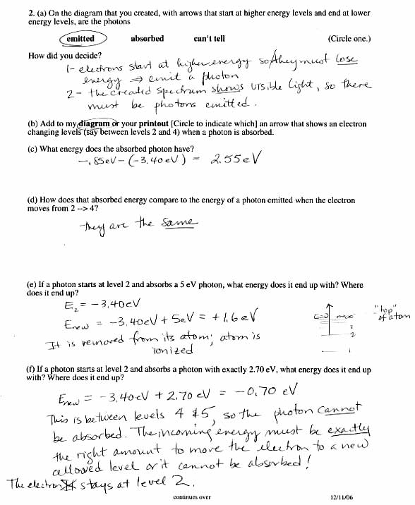 Light and Atoms Worksheet 2 Answers