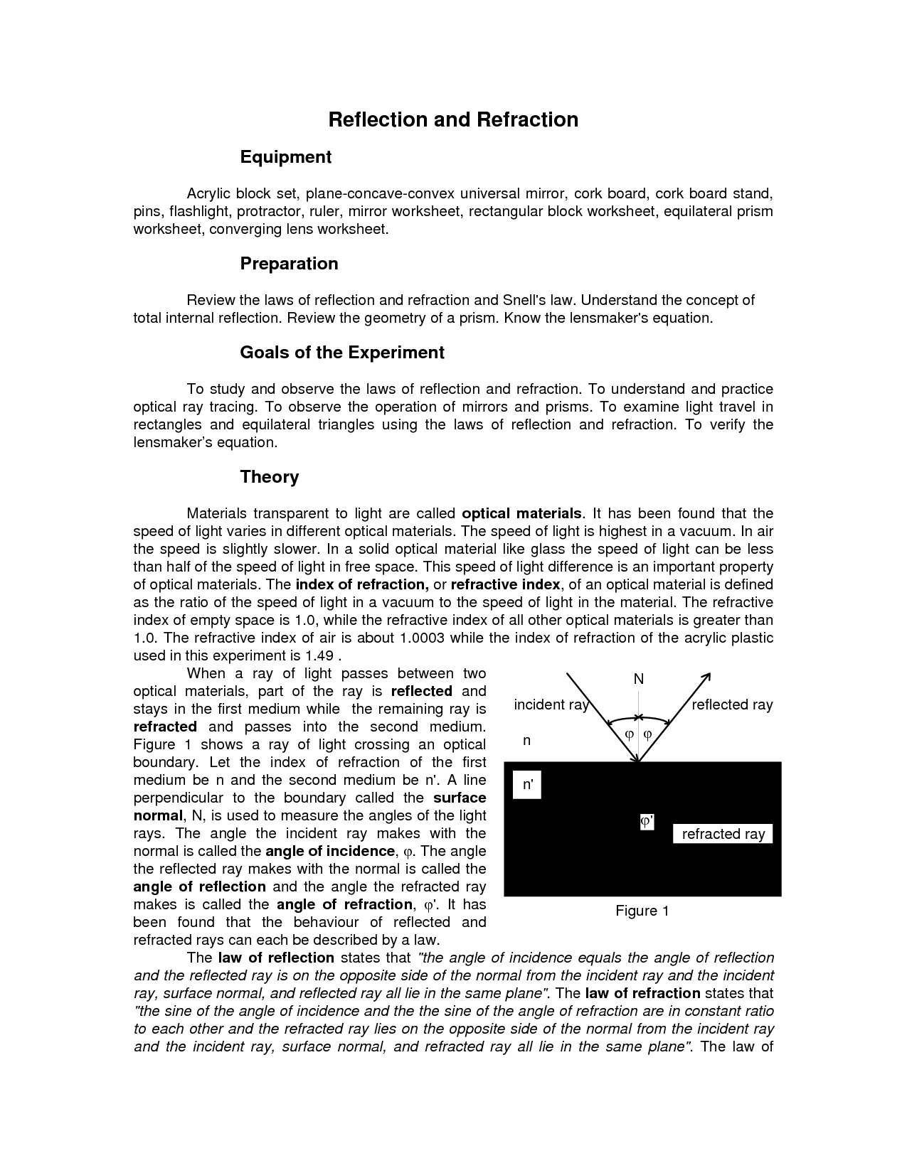 Light Reflection Refraction Worksheets