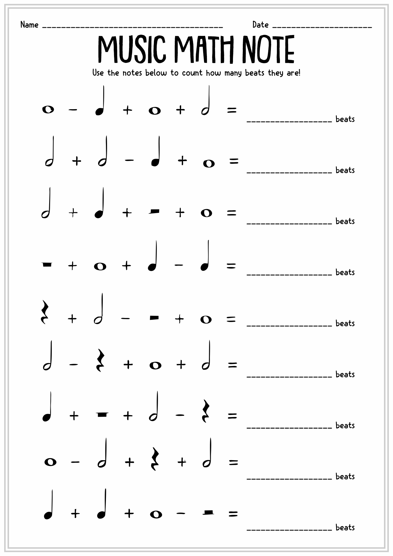 Music Note Value Math Worksheets