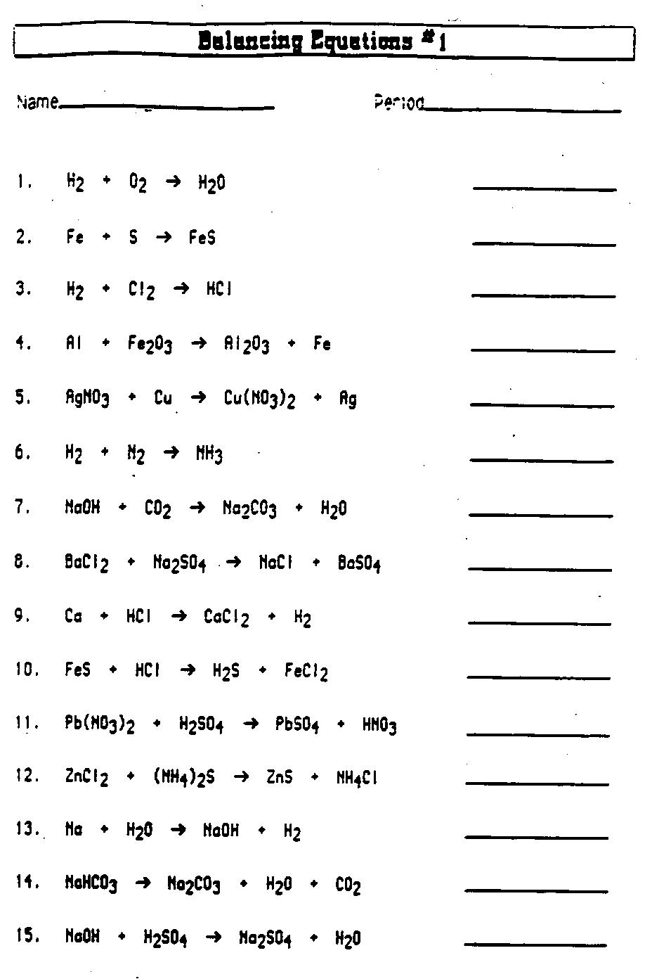 Practice Balancing Chemical Equations Worksheet Image