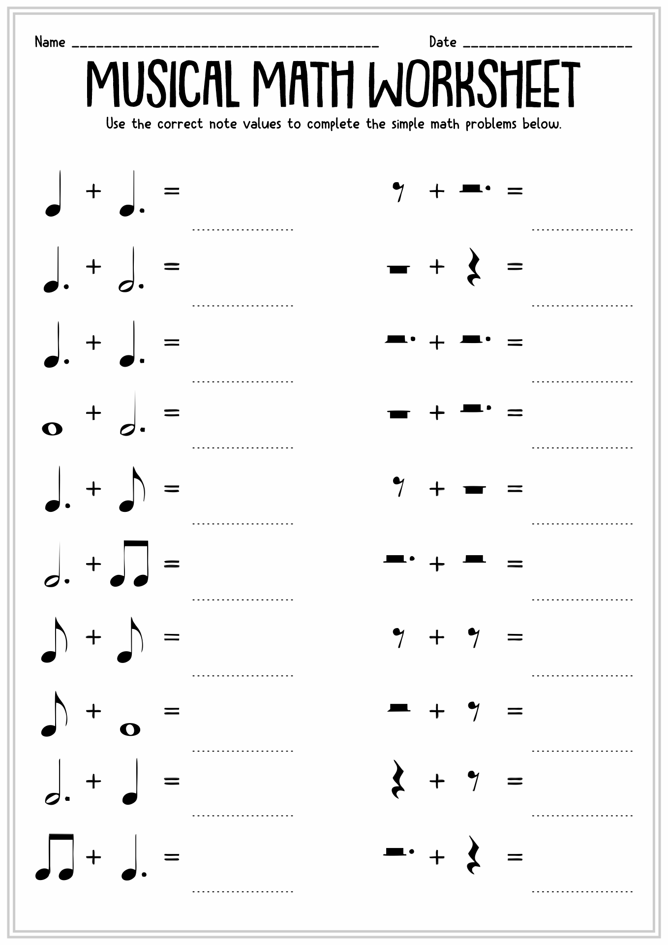 Printable Music Note Math