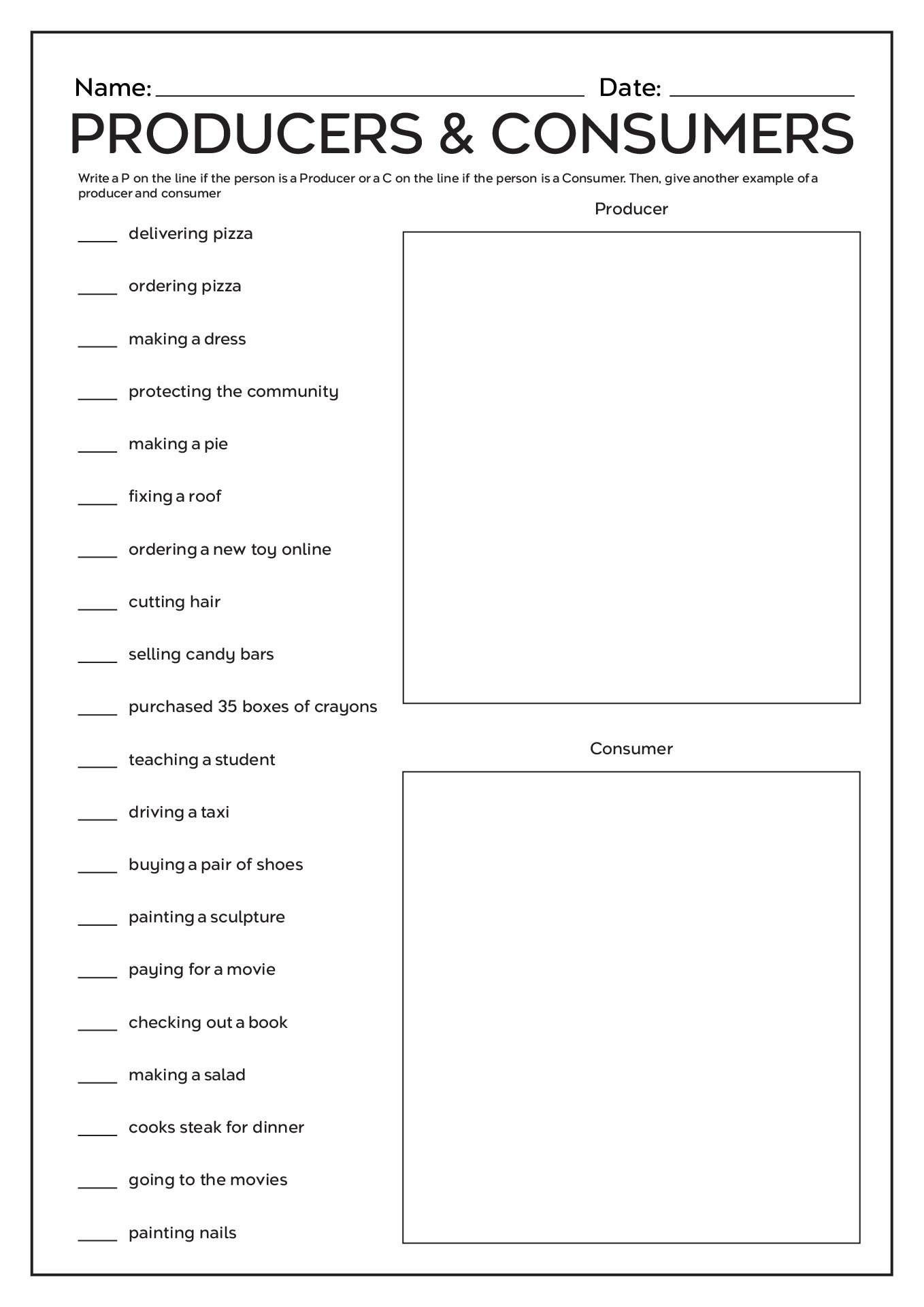 Producers and Consumers Economics Worksheets Image