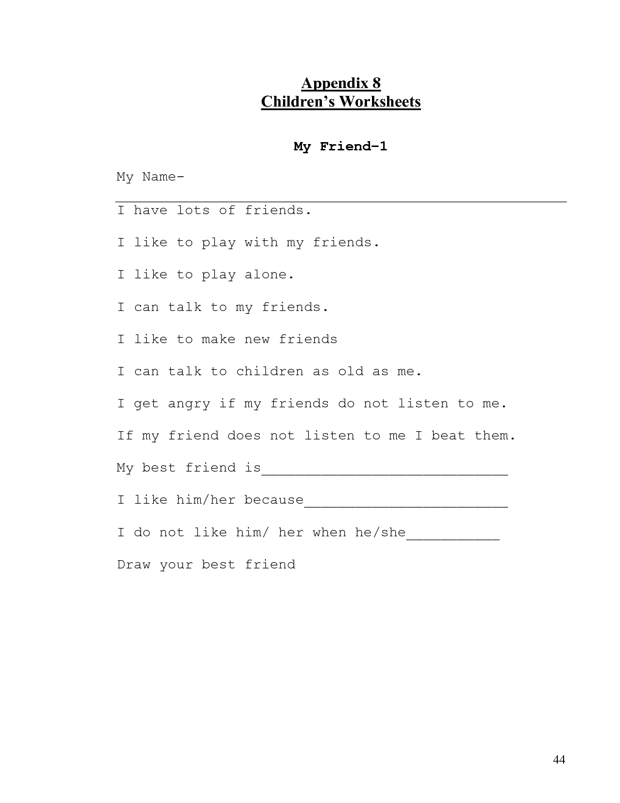 Worksheet for Kids About My Friend Image