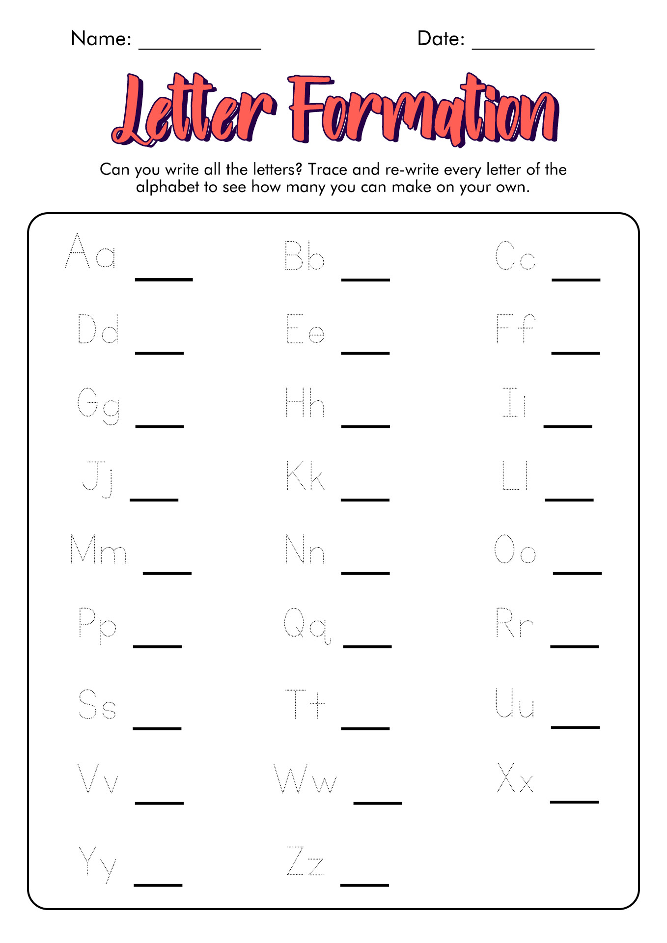 Writing Uppercase Letters Worksheets