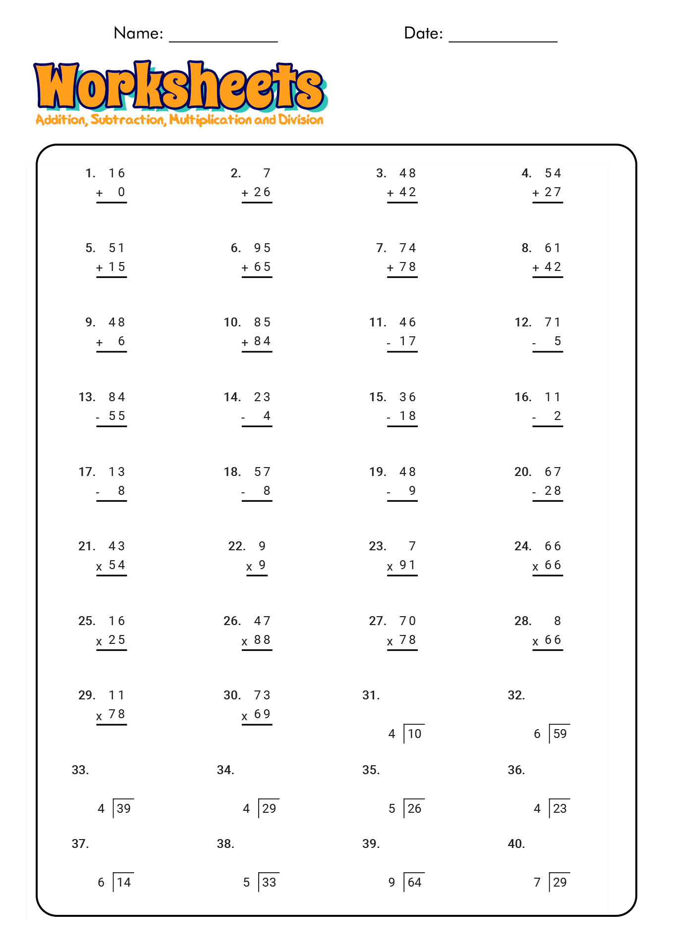Addition Subtraction Multiplication and Division Worksheets