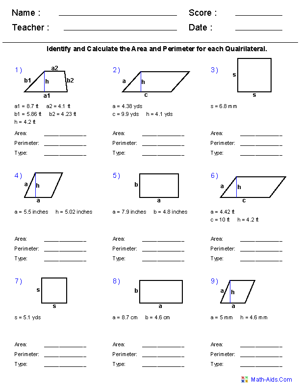 Area and Perimeter 6th Grade Math Worksheets Image