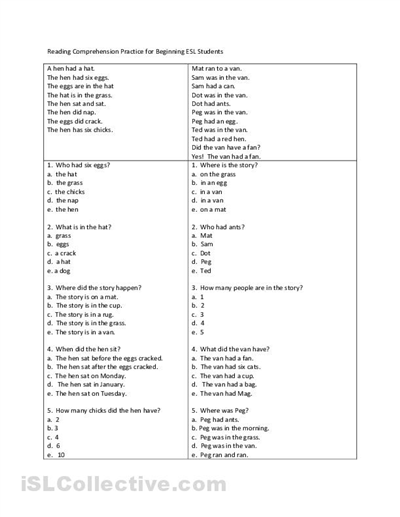Beginner ESL Reading Comprehension Worksheets Image