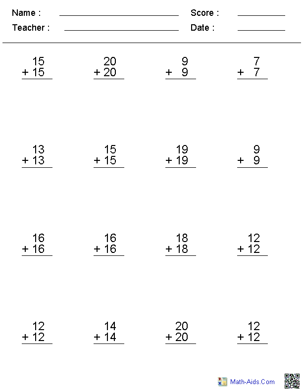 Double Addition Math Worksheets for 2nd Grade Image