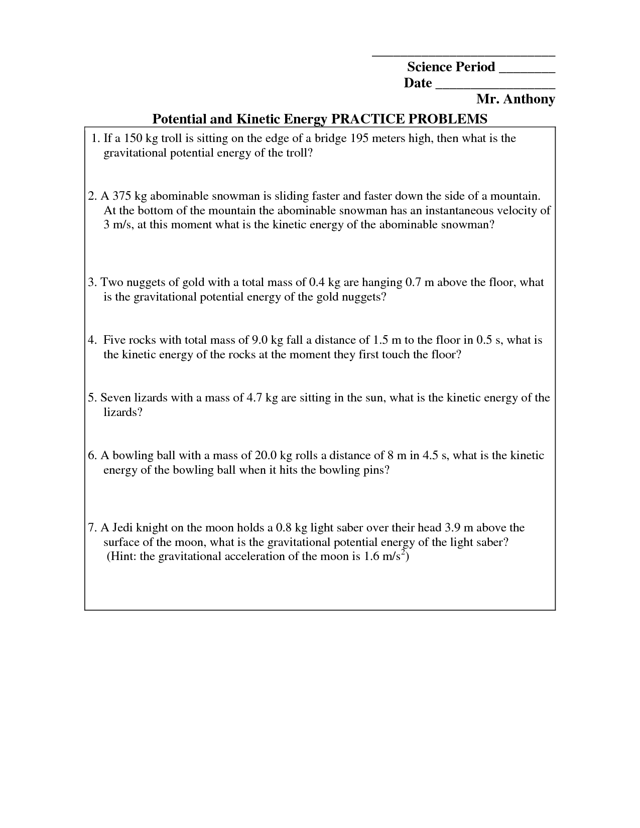 Kinetic Energy Worksheet Image