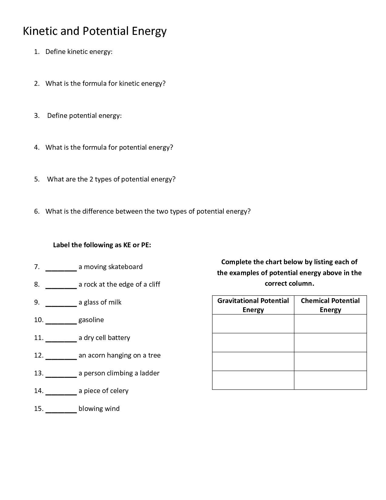 Potential And Kinetic Energy Multiple Choice Worksheets