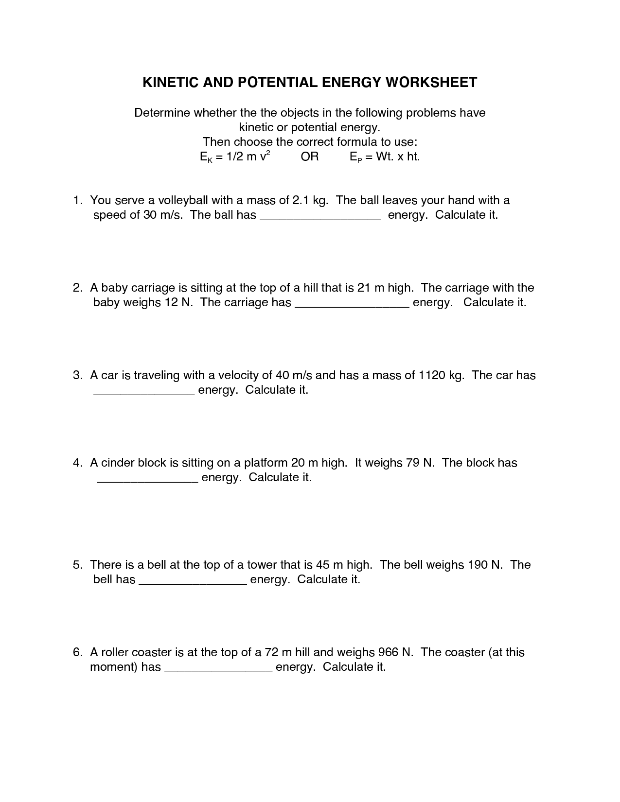 Worksheets Potential and Kinetic Energy