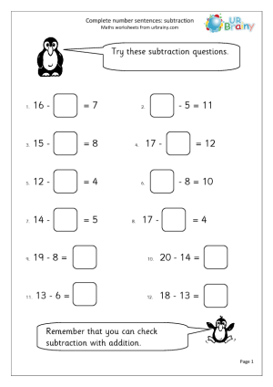 Subtraction Number Sentences Worksheets Image