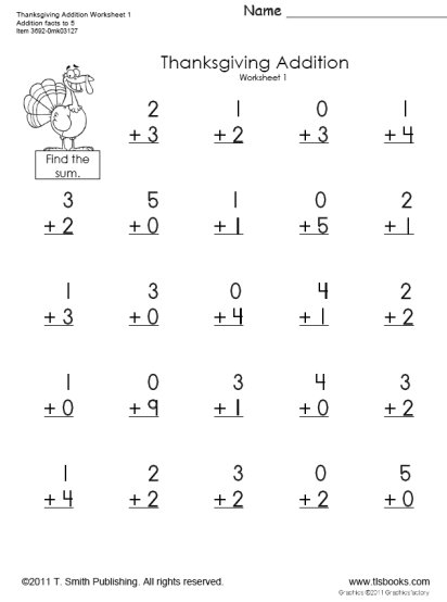 Thanksgiving First Grade Addition Worksheets Image