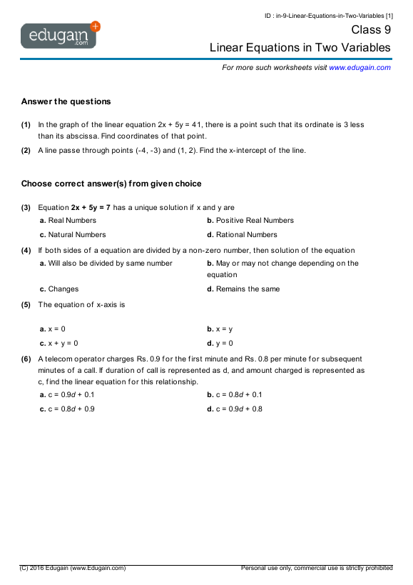 Two Variable Linear Equations Worksheets Image