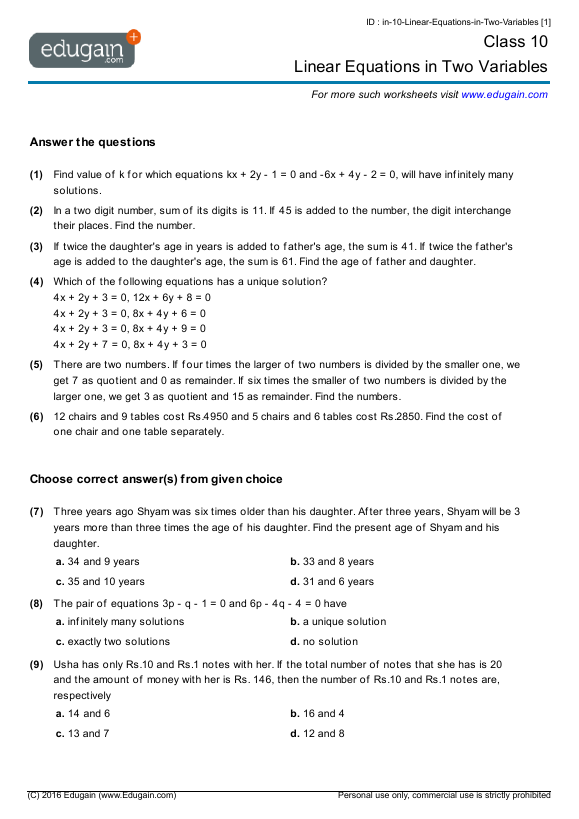 Two Variable Linear Equations Worksheets Image