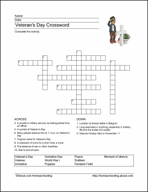 Veterans Day Crossword Puzzle Worksheet Image