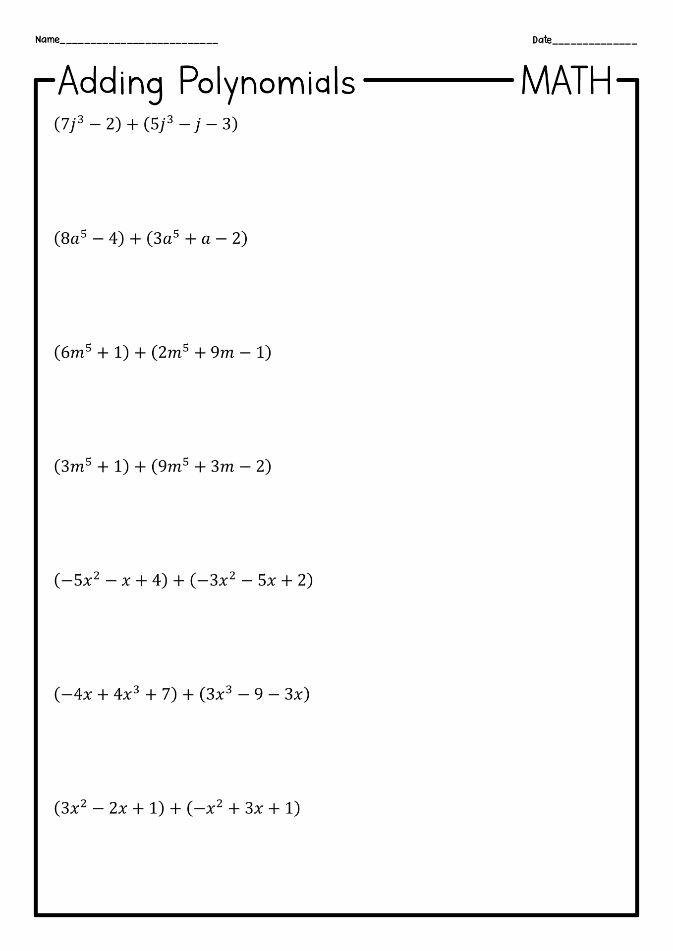 Adding Subtracting and Multiplying Polynomials Worksheet Image