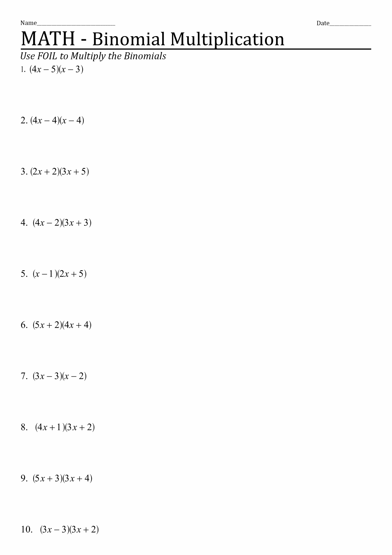 Algebra Foil Method Worksheets Image