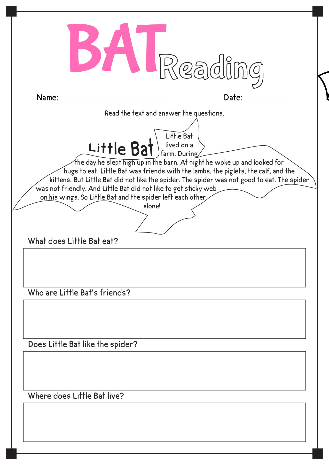 Bat Reading Comprehension Worksheets