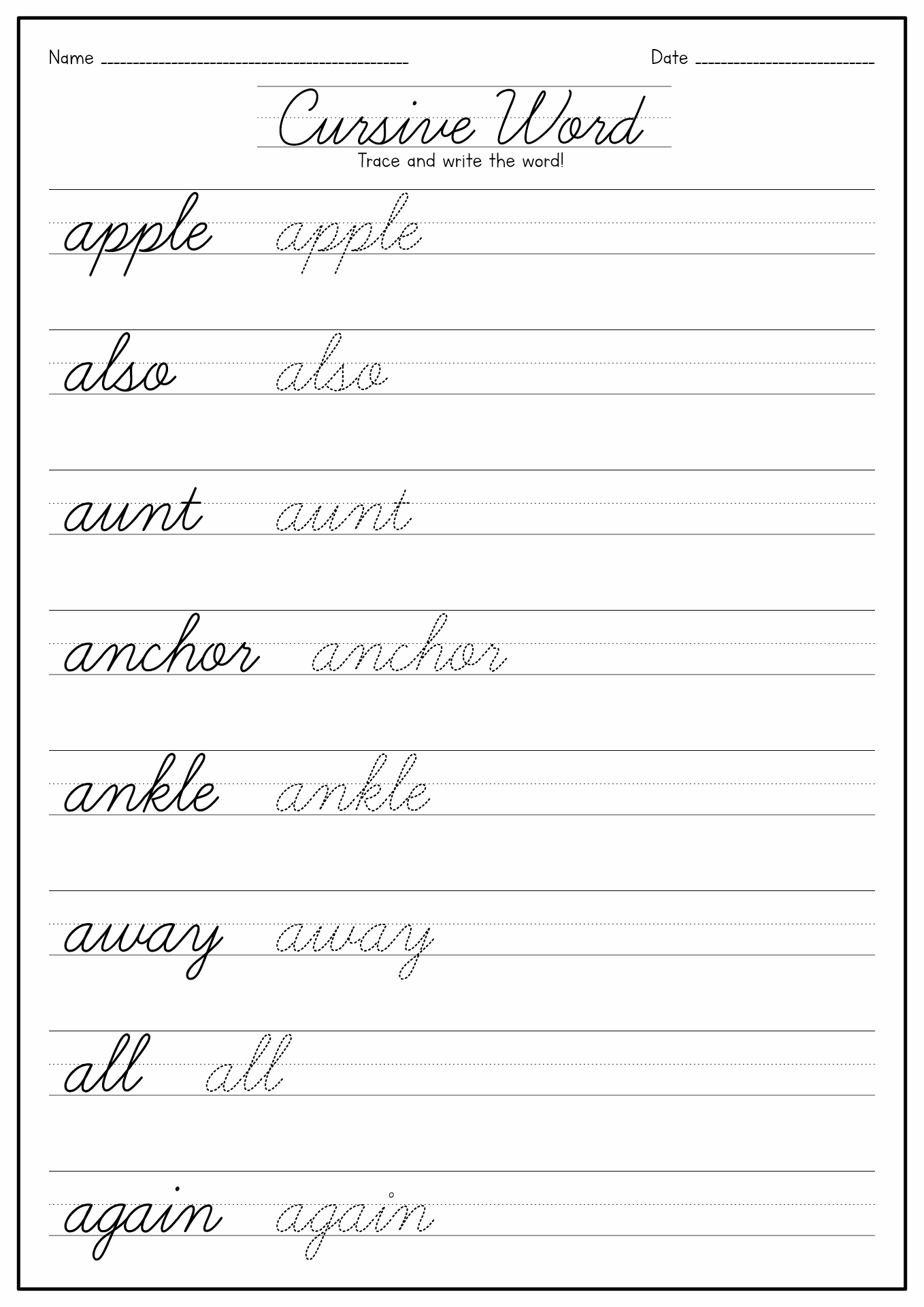 Cursive Writing Words Worksheets