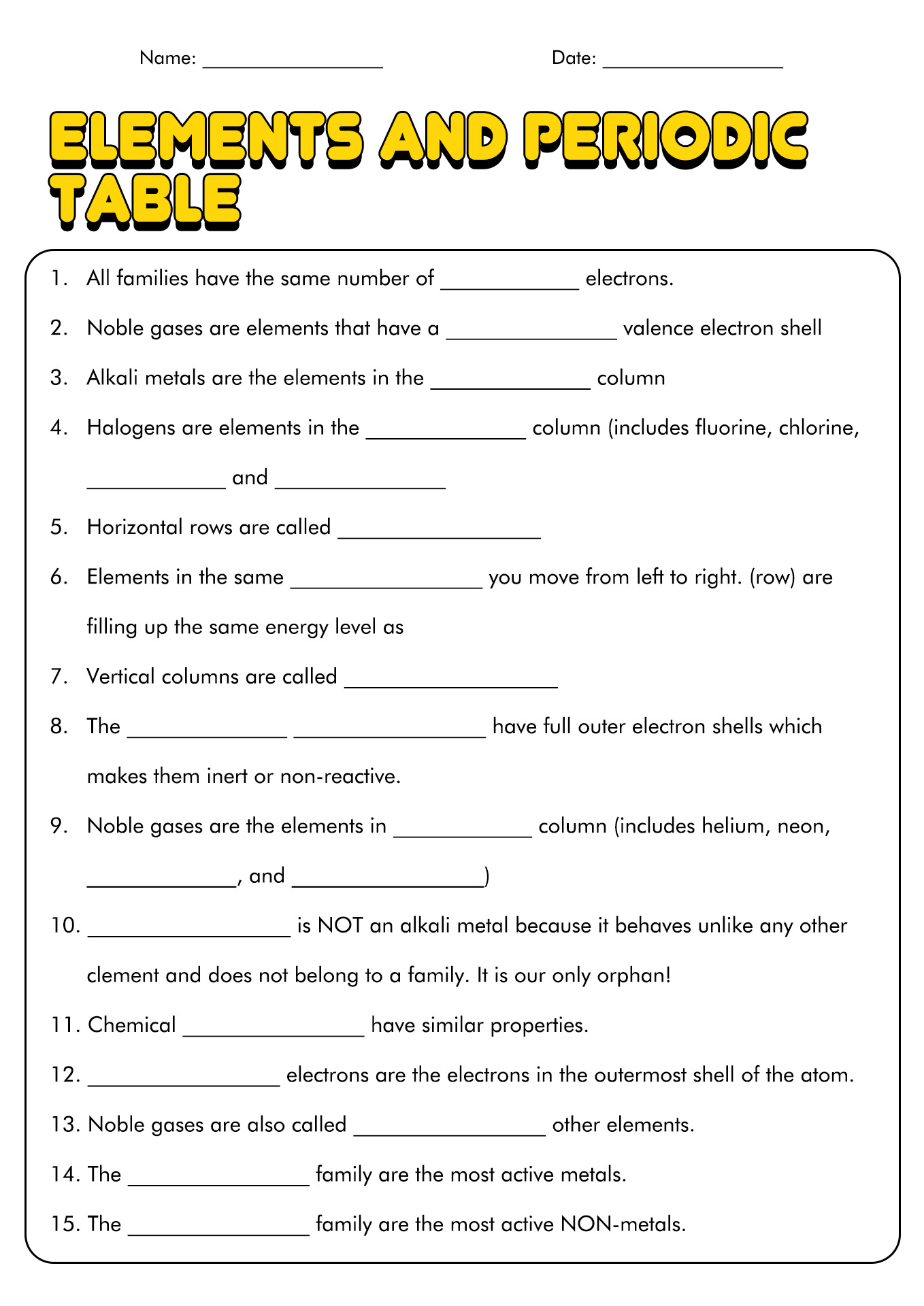 Elements and Periodic Table Worksheet Image