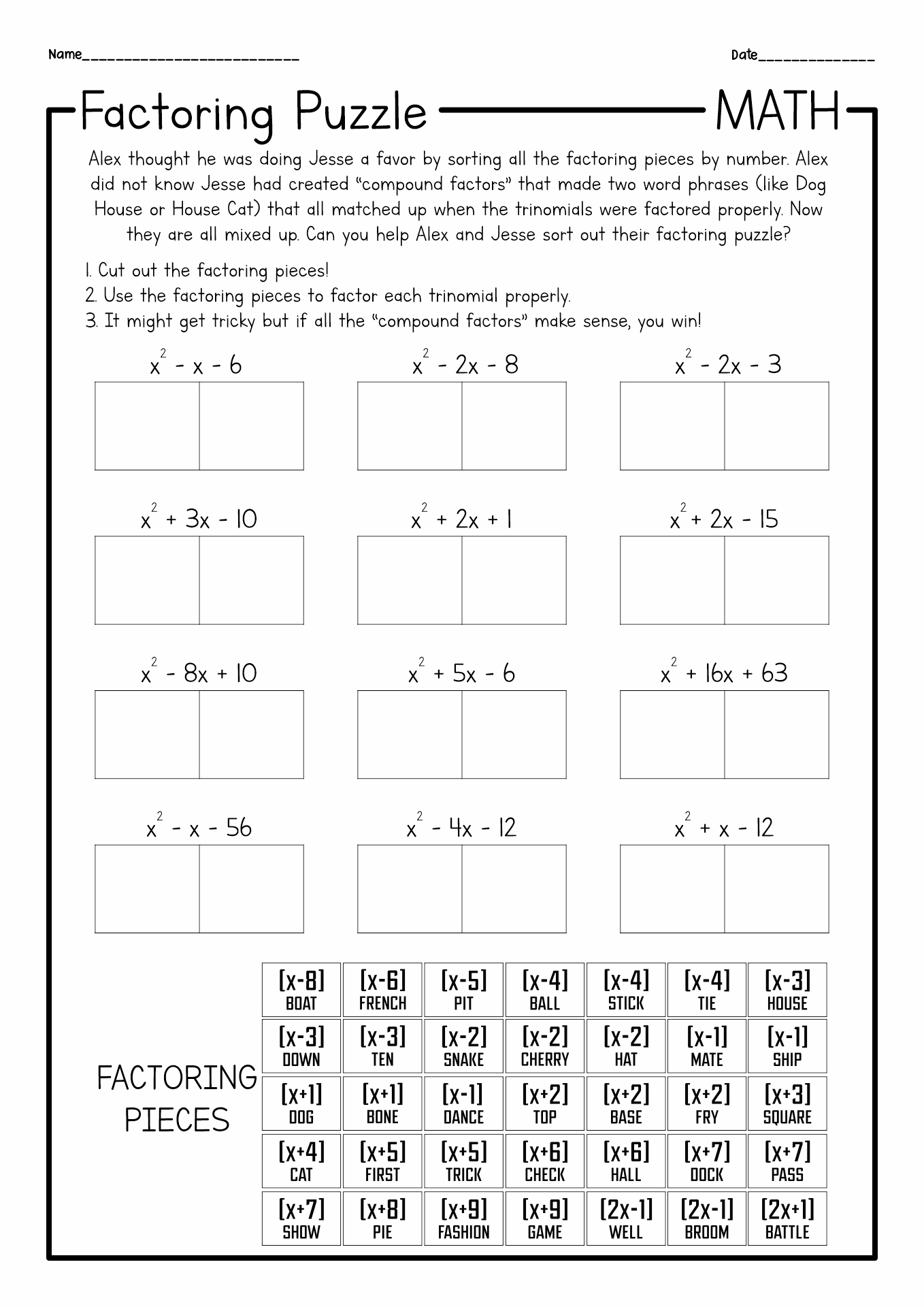 Factoring Puzzle Worksheet Image