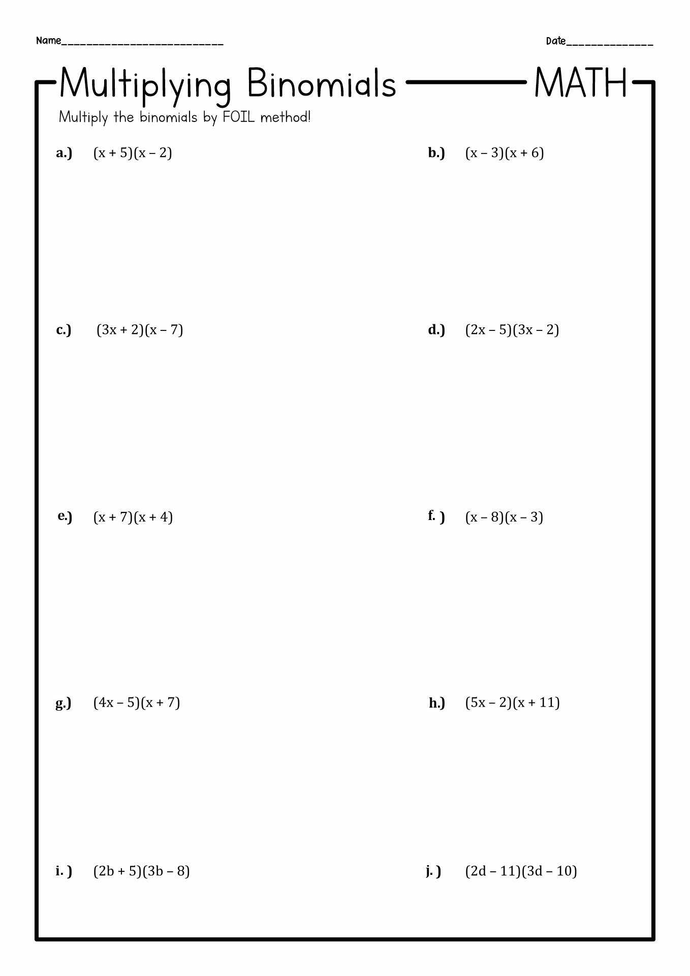 FOIL Method Algebra 1 Worksheets Image