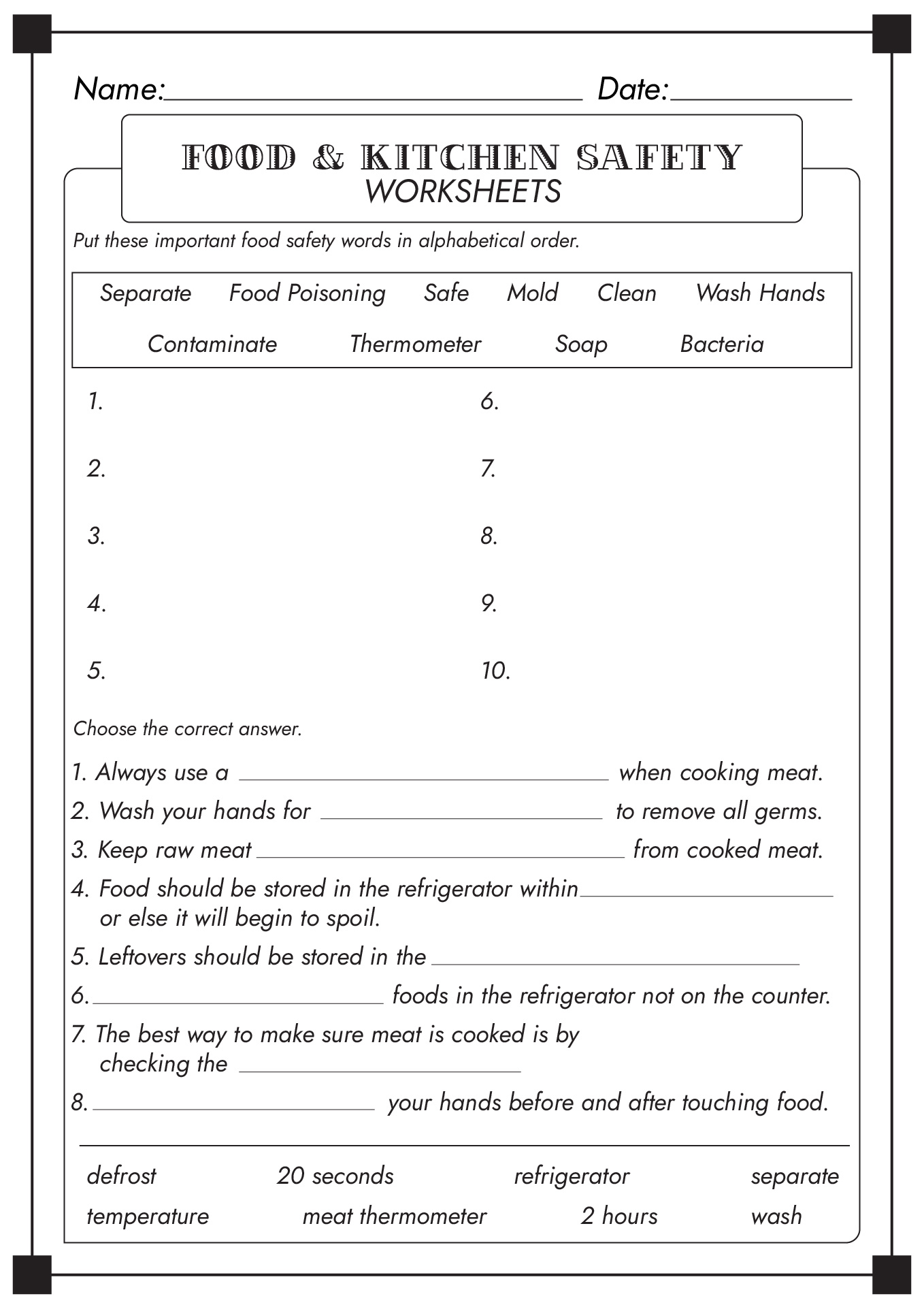 Food and Kitchen Safety Worksheet
