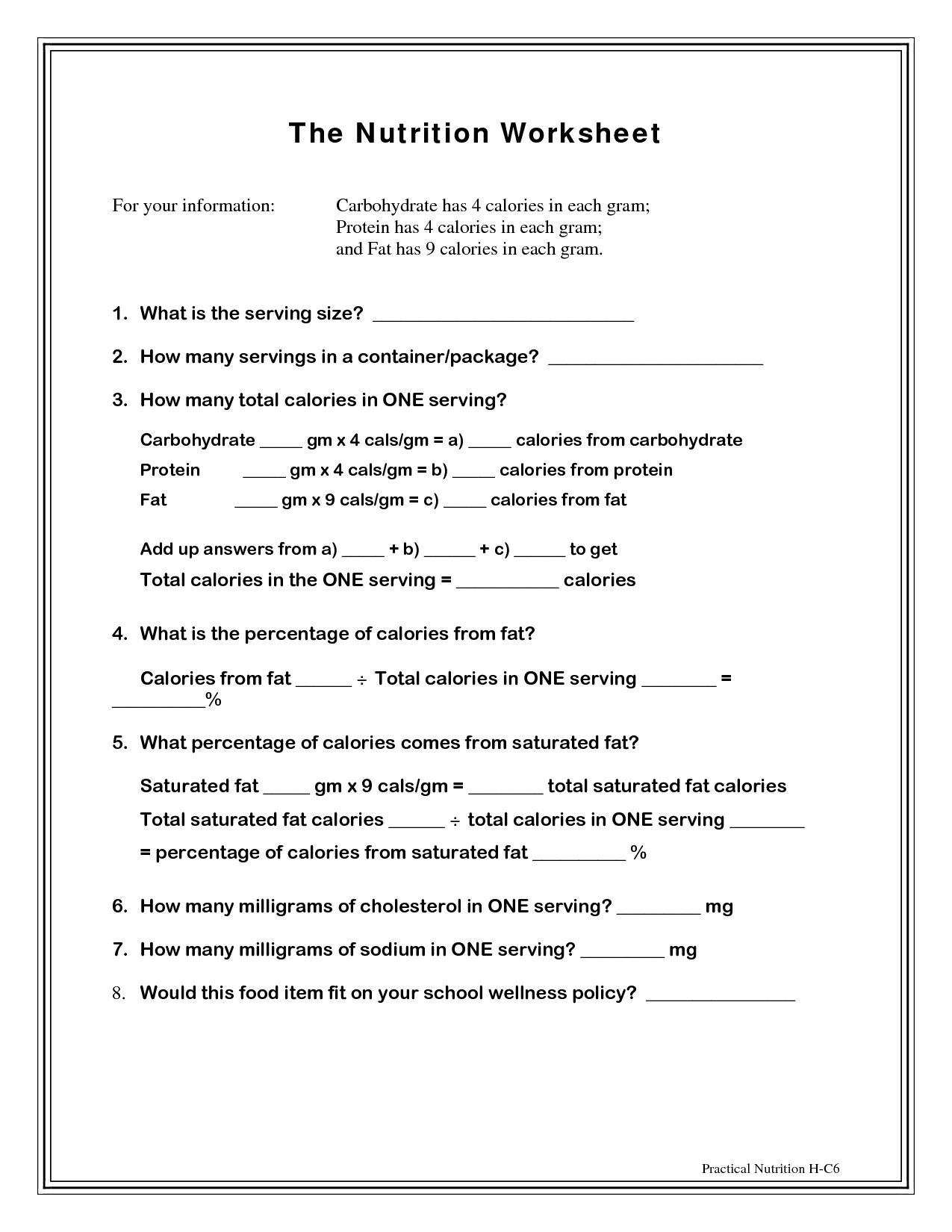 Food and Nutrition Worksheets