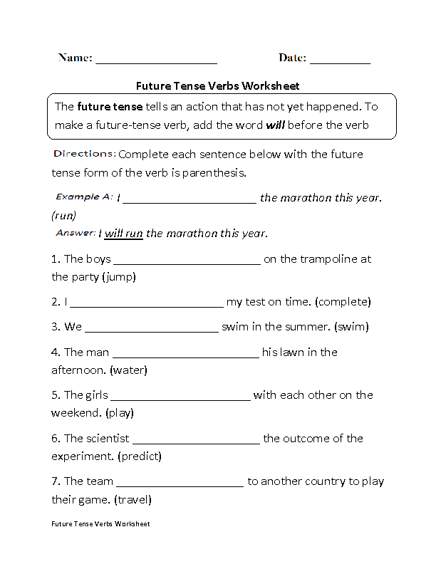 Future Tense Verbs Worksheet Image