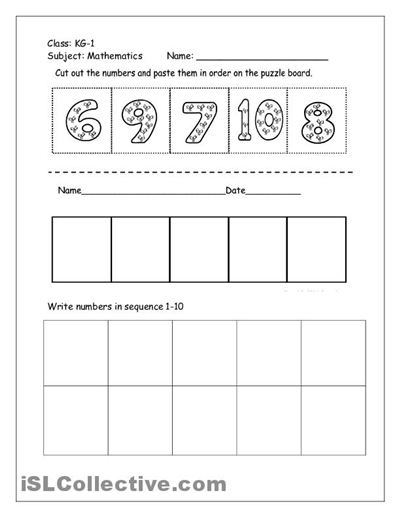 Kindergarten Cut and Paste Numbers Worksheets Image