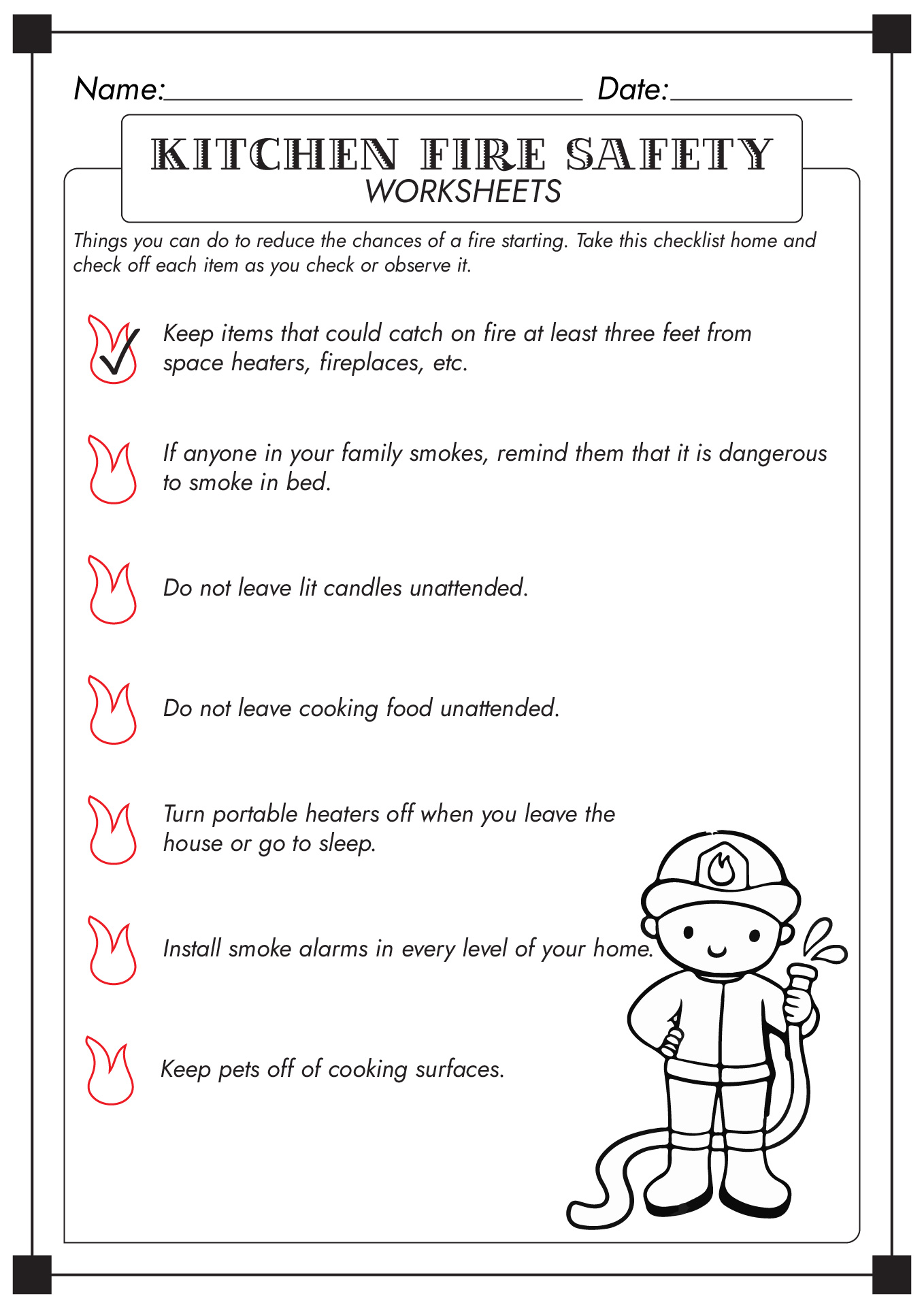 Kitchen Fire Safety Worksheets