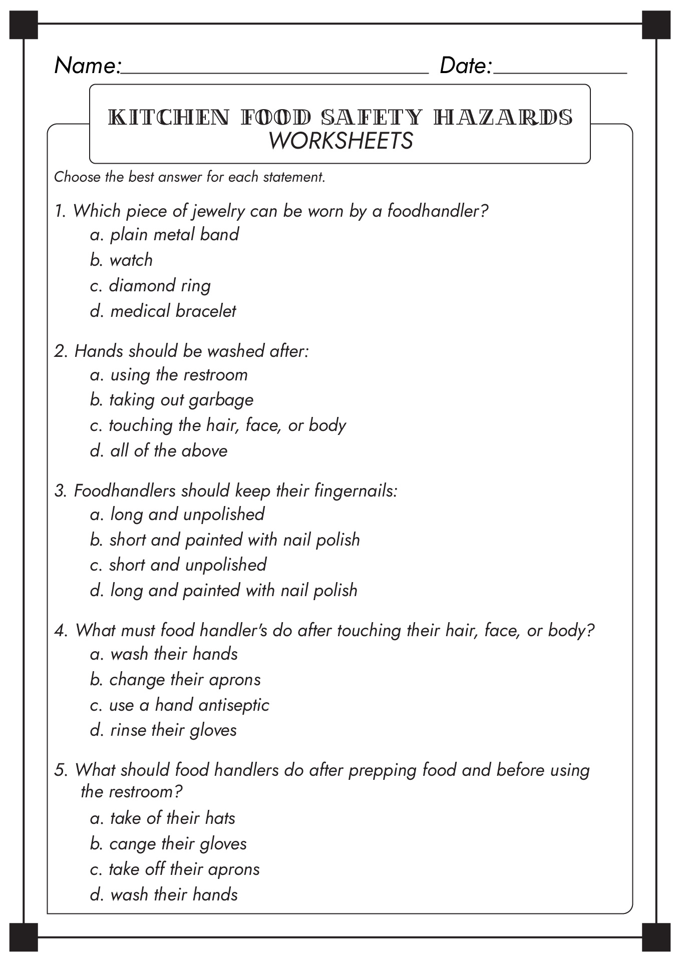Kitchen Food Safety Hazards Worksheet