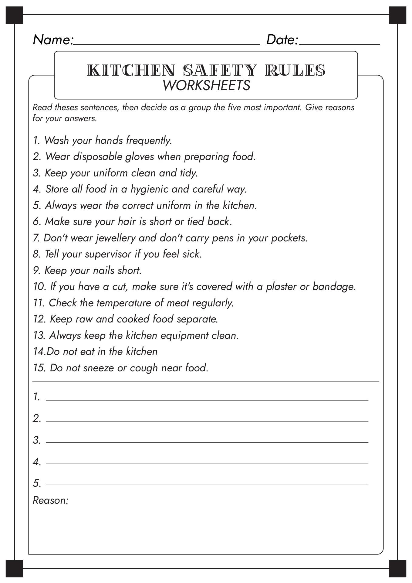 Kitchen Safety Rules Worksheets