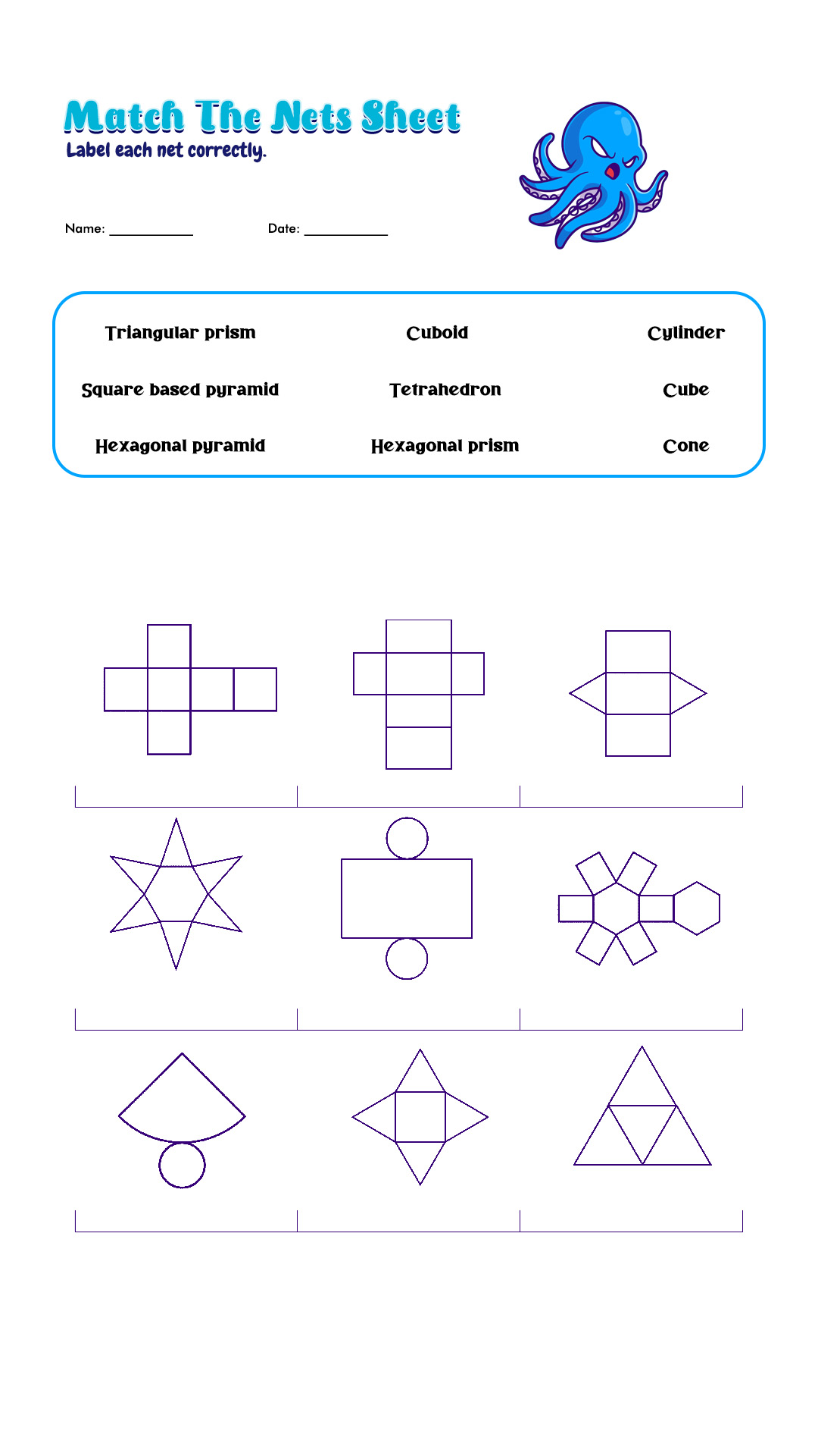 Nets and 3D Shapes Worksheet
