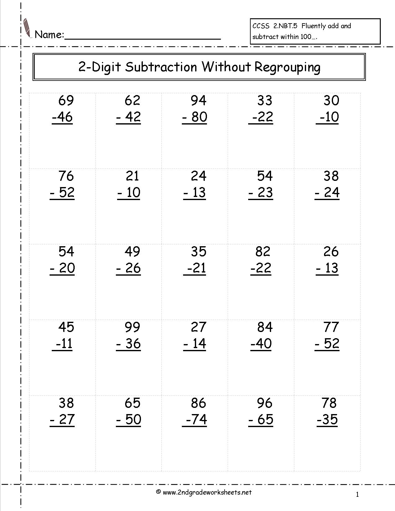 Two-Digit Subtraction with Regrouping Worksheets Image
